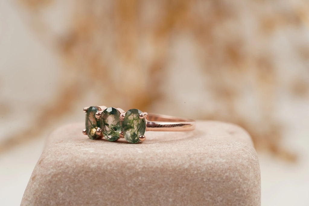 Oval Moss Agate Stacking Ring Three Stone Ring - Gigiscc