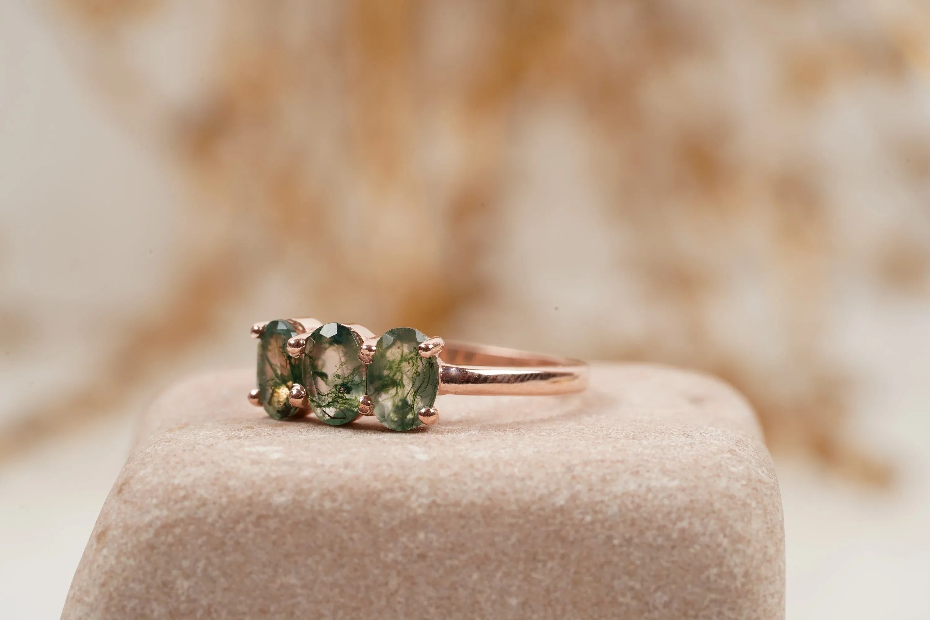 Oval Moss Agate Stacking Ring Three Stone Ring - Gigiscc