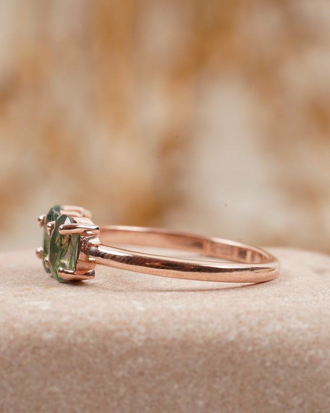 Oval Moss Agate Stacking Ring Three Stone Ring
