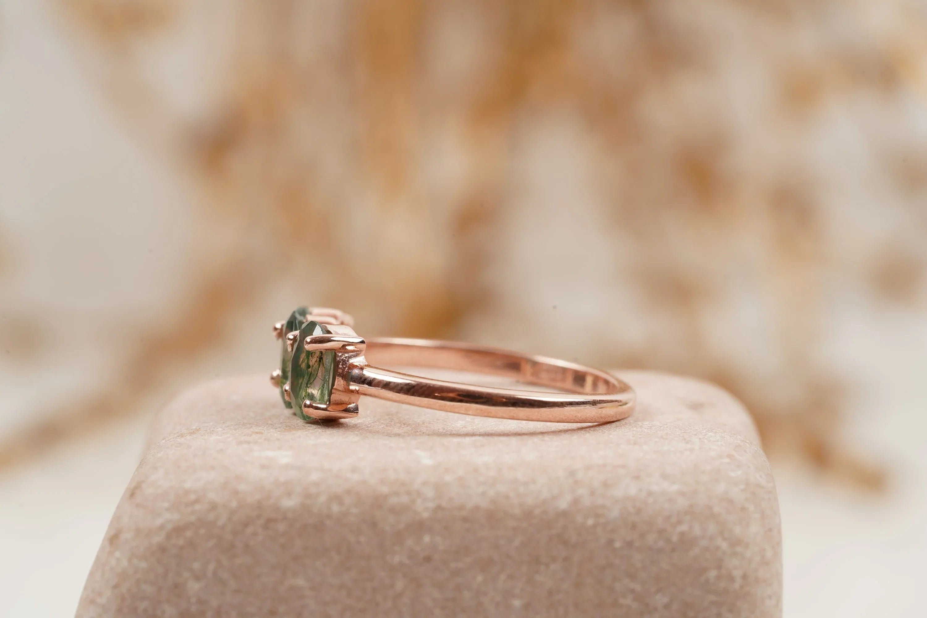 Oval Moss Agate Stacking Ring Three Stone Ring - Gigiscc