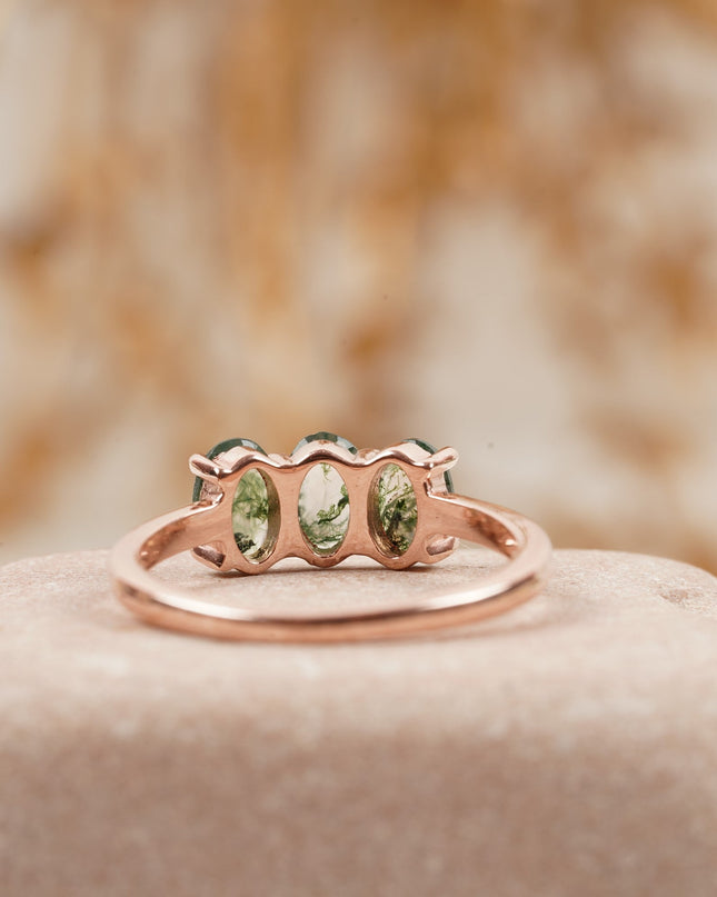 Oval Moss Agate Stacking Ring Three Stone Ring