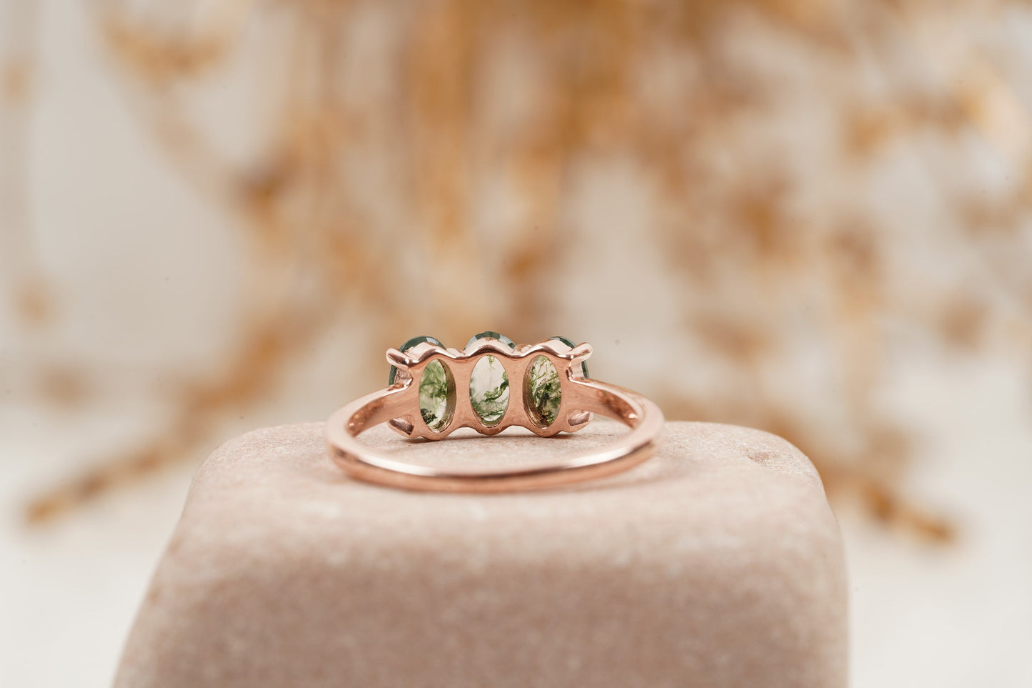 Oval Moss Agate Stacking Ring Three Stone Ring