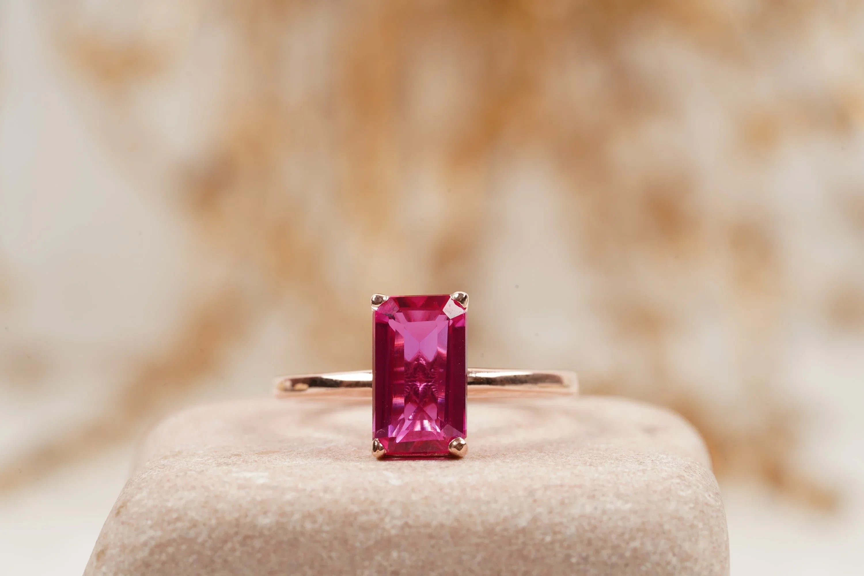 Baguette Ruby Dainty Engagement Ring 14K Rose Gold Ring - Gigiscc