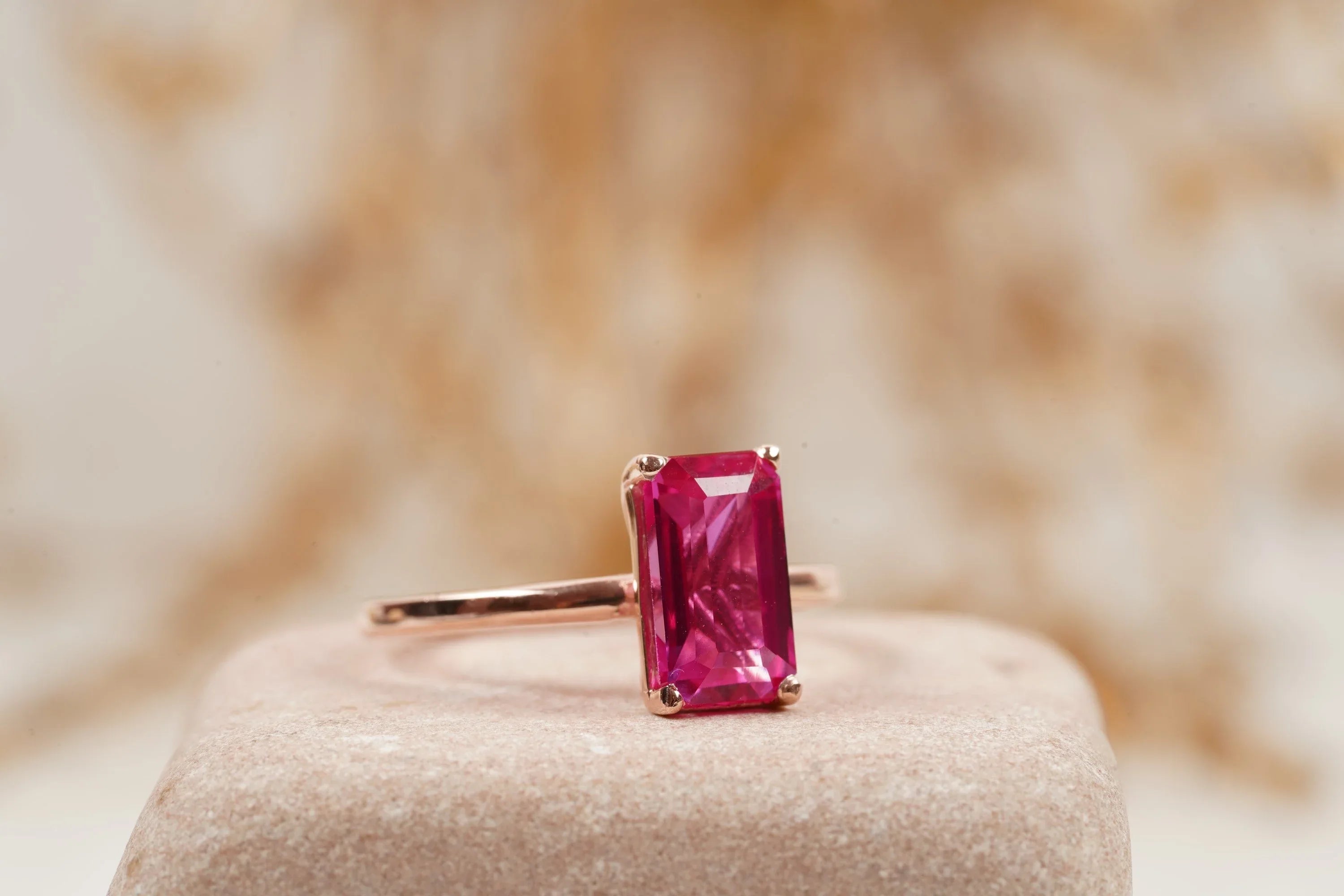 Baguette Ruby Dainty Engagement Ring 14K Rose Gold Ring - Gigiscc
