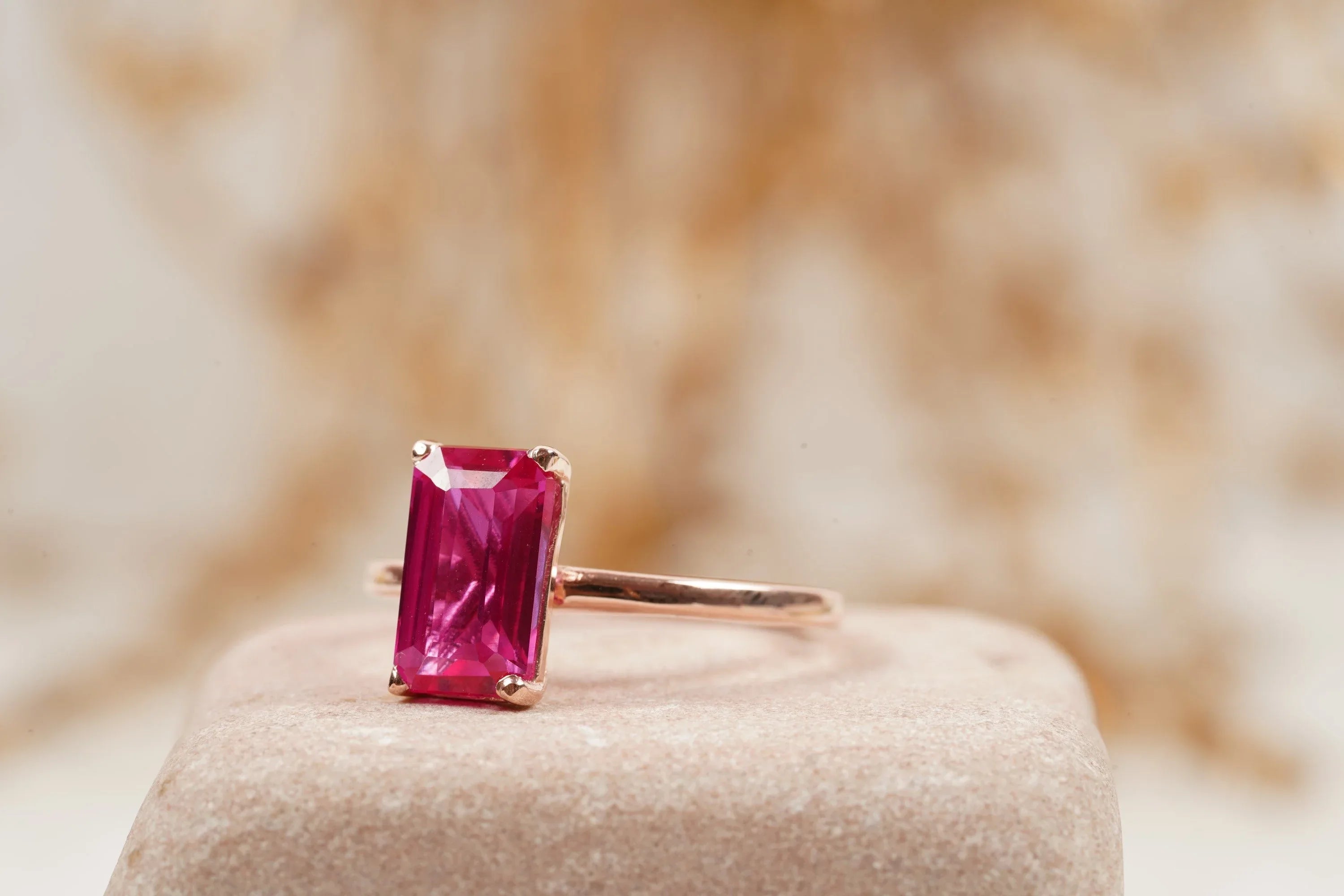 Baguette Ruby Dainty Engagement Ring 14K Rose Gold Ring - Gigiscc