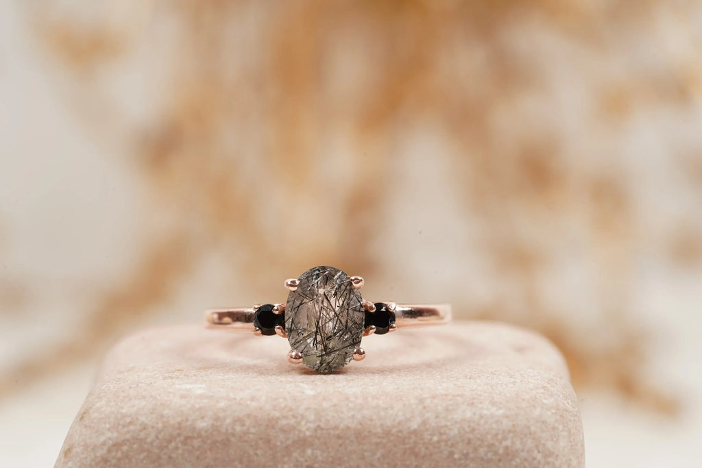 Oval Cut Black Rutile Quartz Engagement Ring 14K Rose Gold - Gigiscc