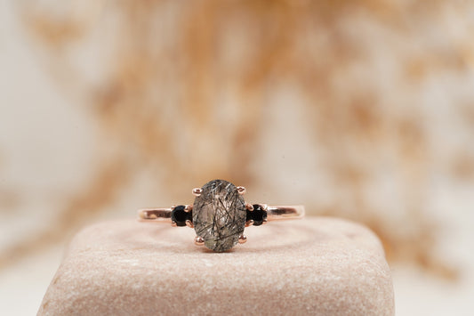 Oval Cut Black Rutile Quartz Rose Gold Engagement Ring