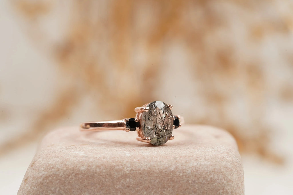 Oval Cut Black Rutile Quartz Engagement Ring 14K Rose Gold - Gigiscc