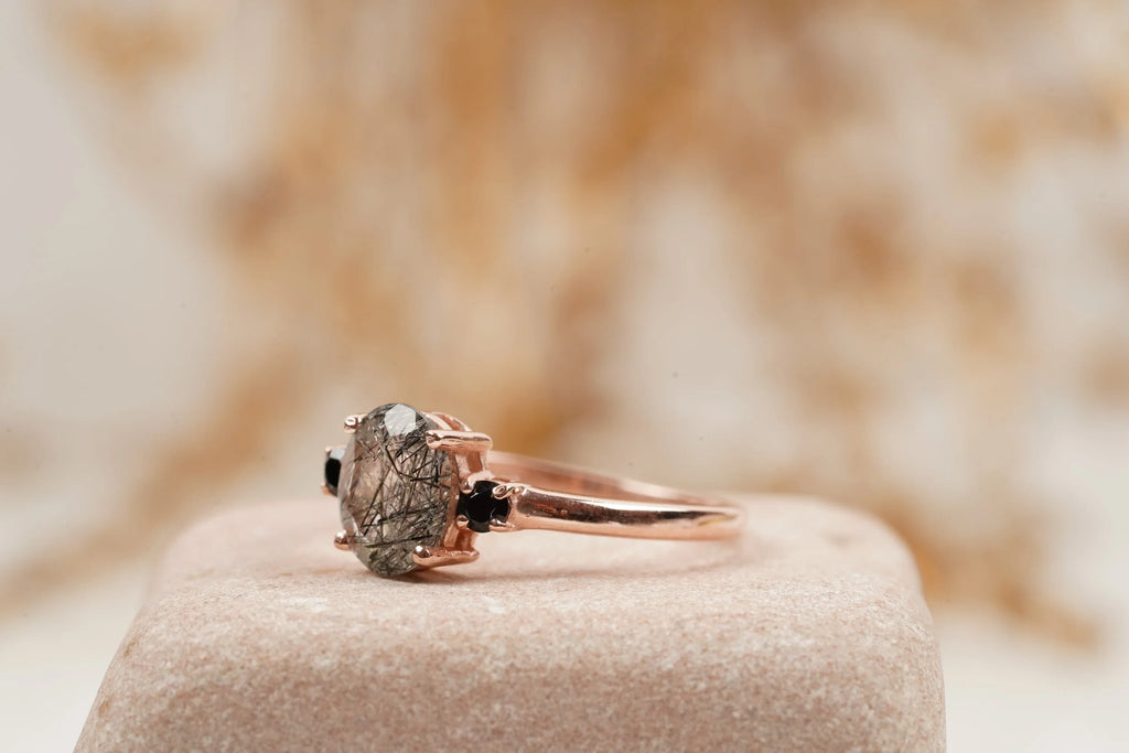 Oval Cut Black Rutile Quartz Engagement Ring 14K Rose Gold - Gigiscc