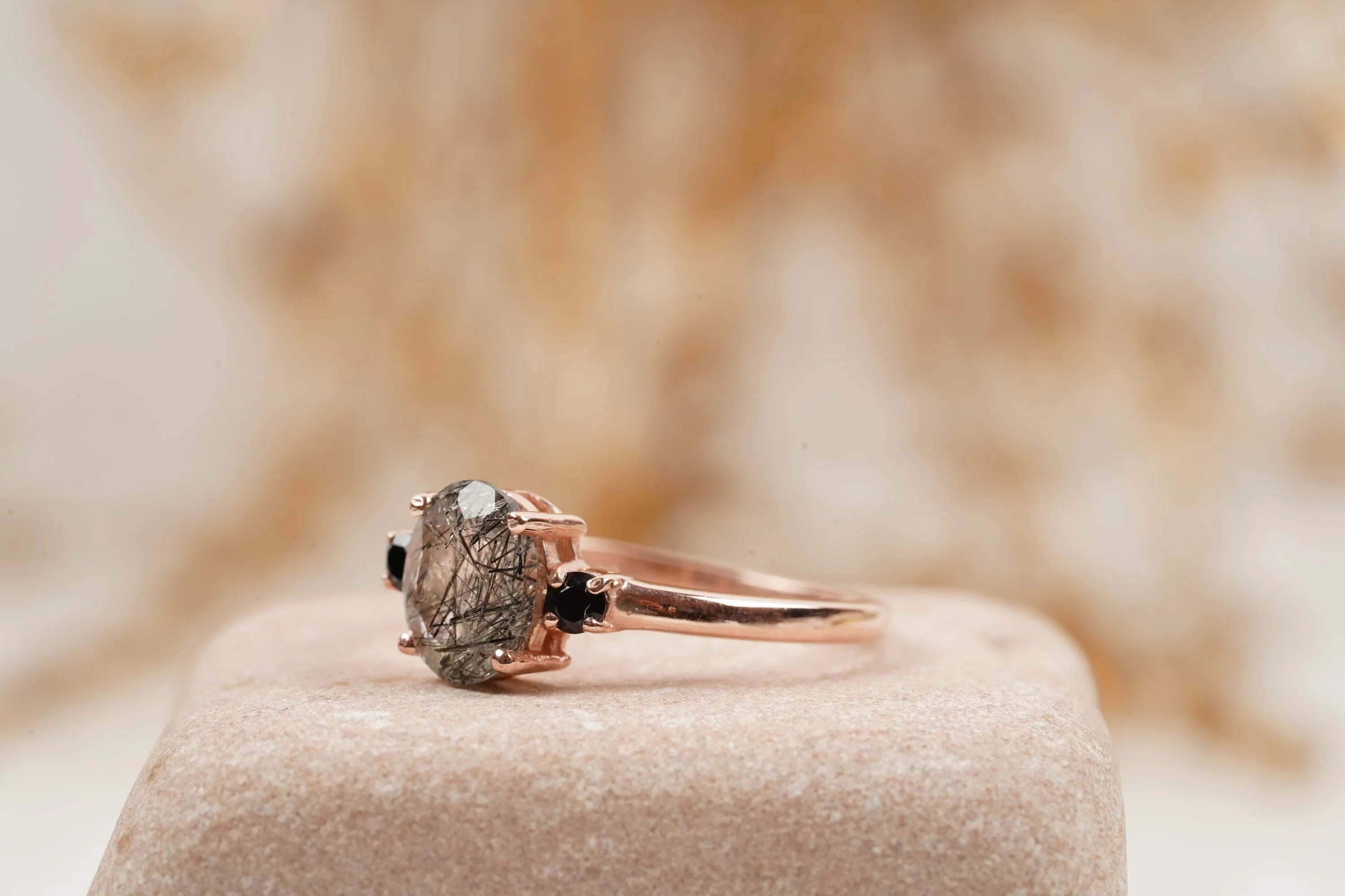Oval Cut Black Rutile Quartz Engagement Ring 14K Rose Gold - Gigiscc
