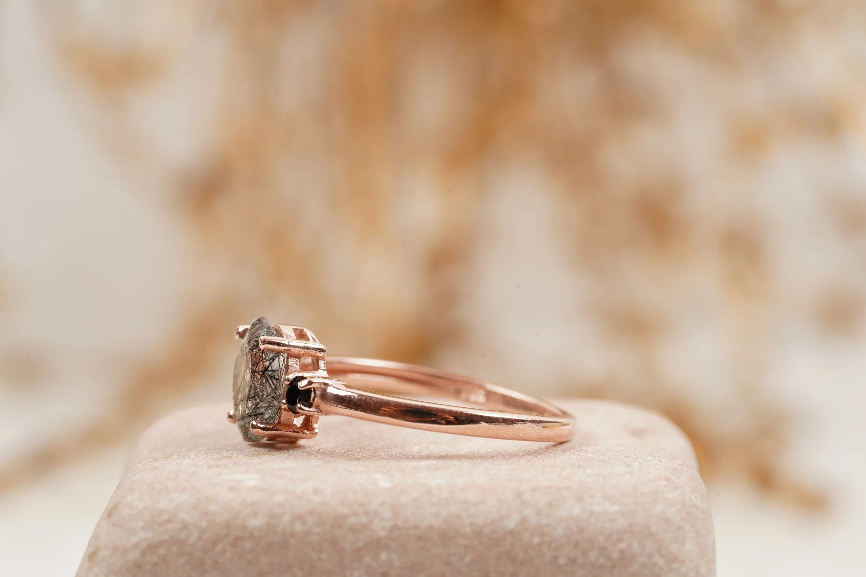 Oval Cut Black Rutile Quartz Engagement Ring 14K Rose Gold - Gigiscc