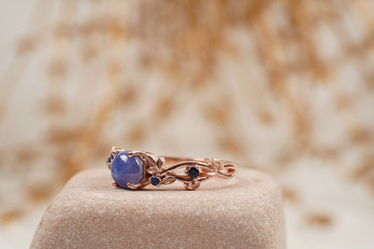 Vintage Star Sapphire Branch Leaf Engagement Ring Left Side