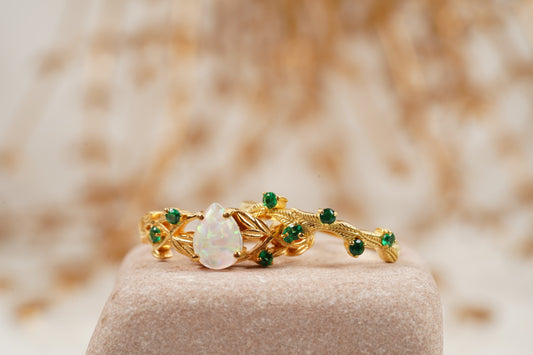 Nature Inspired Opal Engagement Ring Set with Leaf Band
