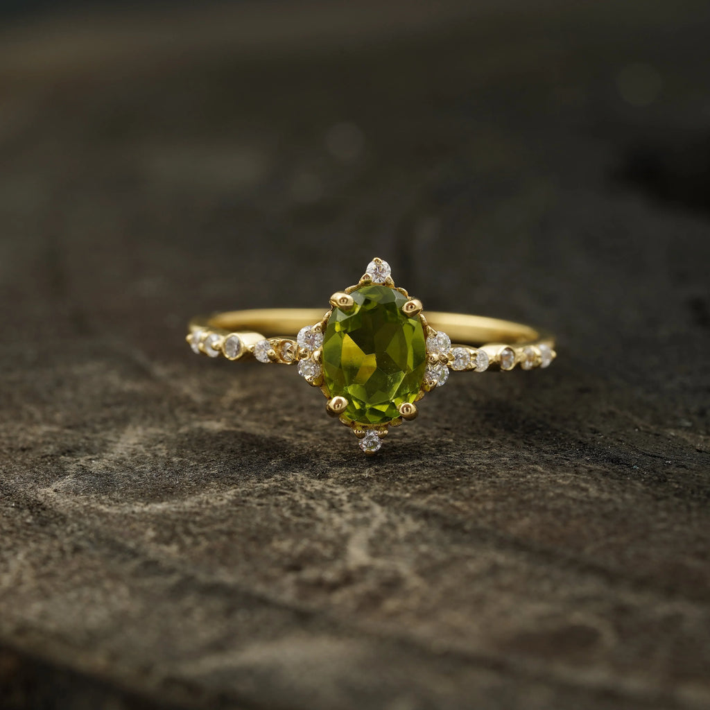 Oval Cut Cluster Halo Diamond Peridot Engagement Ring - Gigiscc