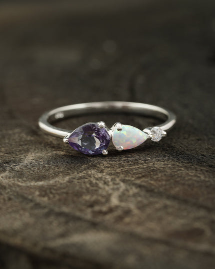 Pear Cut Alexandrite Art Deco Moissanite 3 Stone Wedding Band