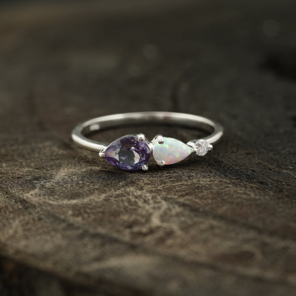 Pear Cut Alexandrite Art Deco Moissanite 3-Stone Ring