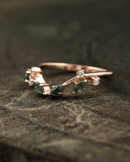 Marquise Natural Moss Agate Open Wedding Band
