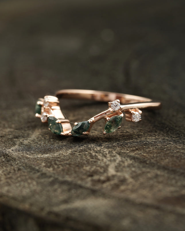Marquise Natural Moss Agate Open Wedding Band