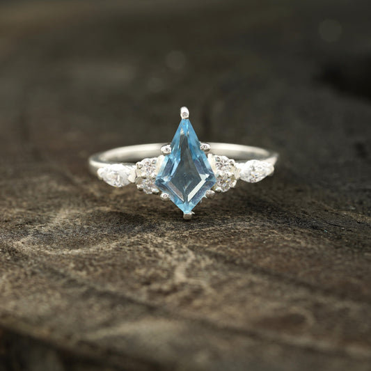 Kite shape aquamarine sterling silver ring for women