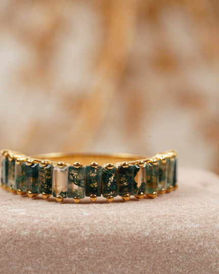 Baguette Cut Moss Agate Stone Wedding Band