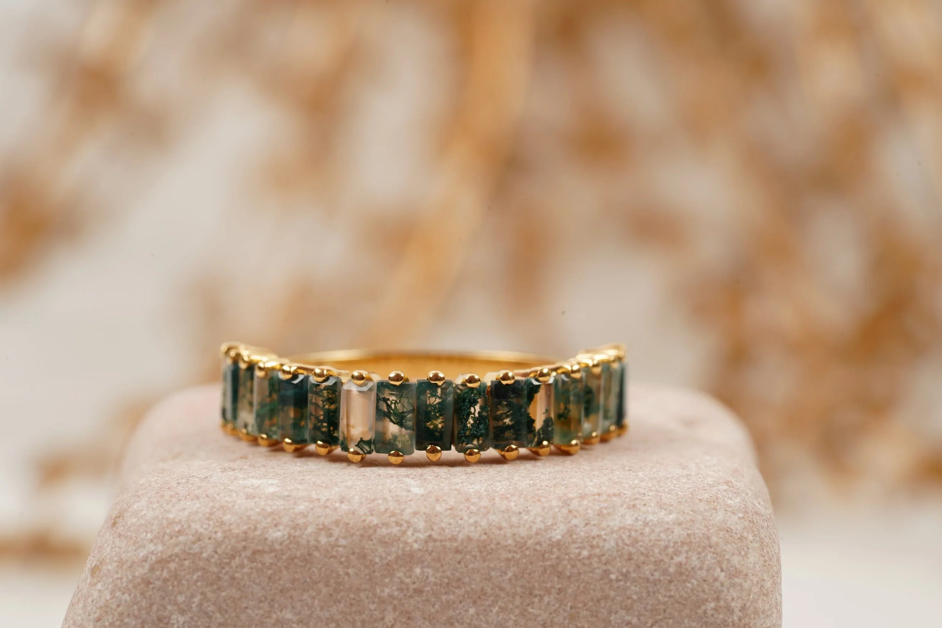 Baguette Cut Moss Agate Stone Wedding Band - Gigiscc