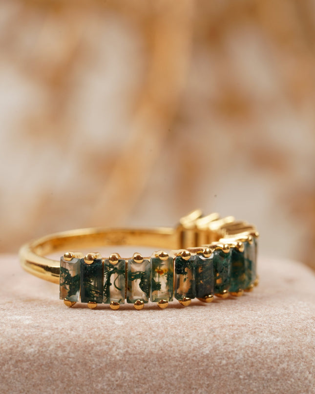 Baguette Cut Moss Agate Stone Wedding Band