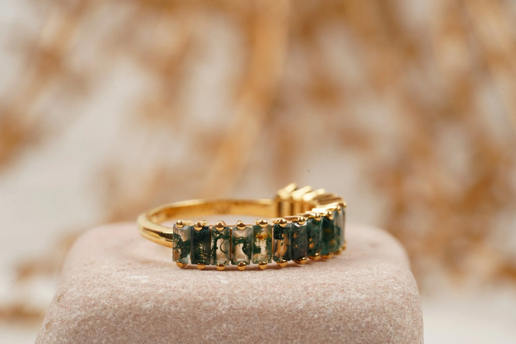 Baguette Cut Moss Agate Stone Wedding Band - Gigiscc