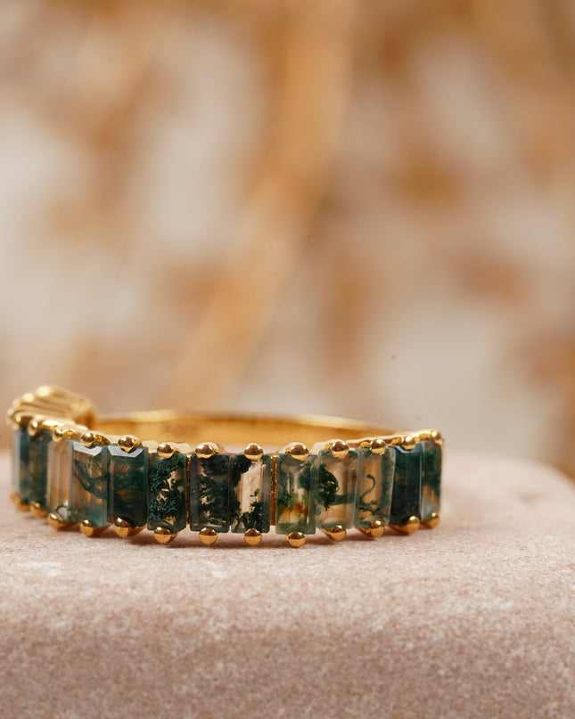 Baguette Cut Moss Agate Stone Wedding Band
