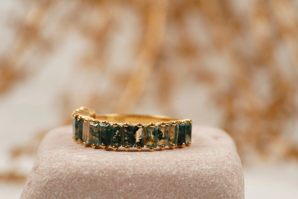 Baguette Cut Moss Agate Stone Wedding Band - Gigiscc