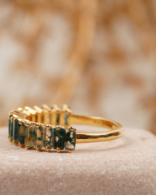 Baguette Cut Moss Agate Stone Wedding Band