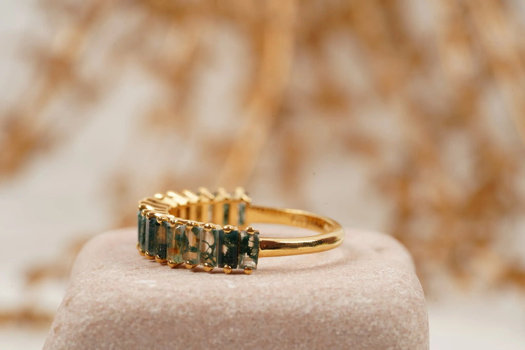 Baguette Cut Moss Agate Stone Wedding Band - Gigiscc