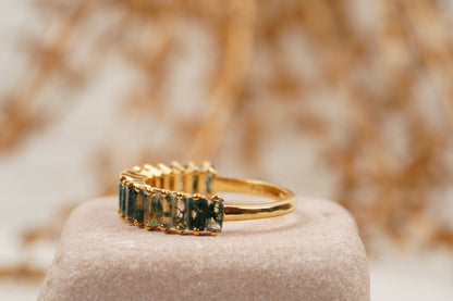 Baguette Cut Moss Agate Stone Wedding Band