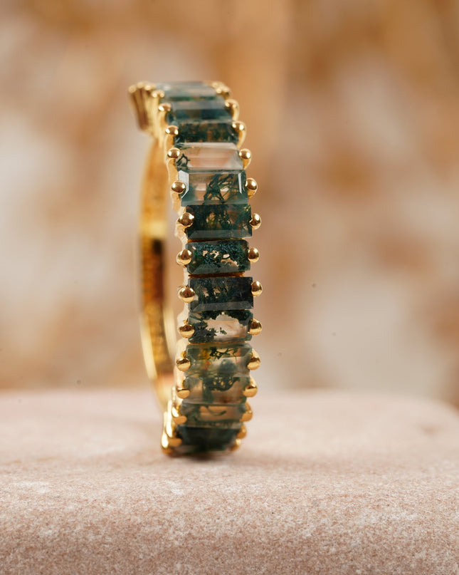 Baguette Cut Moss Agate Stone Wedding Band