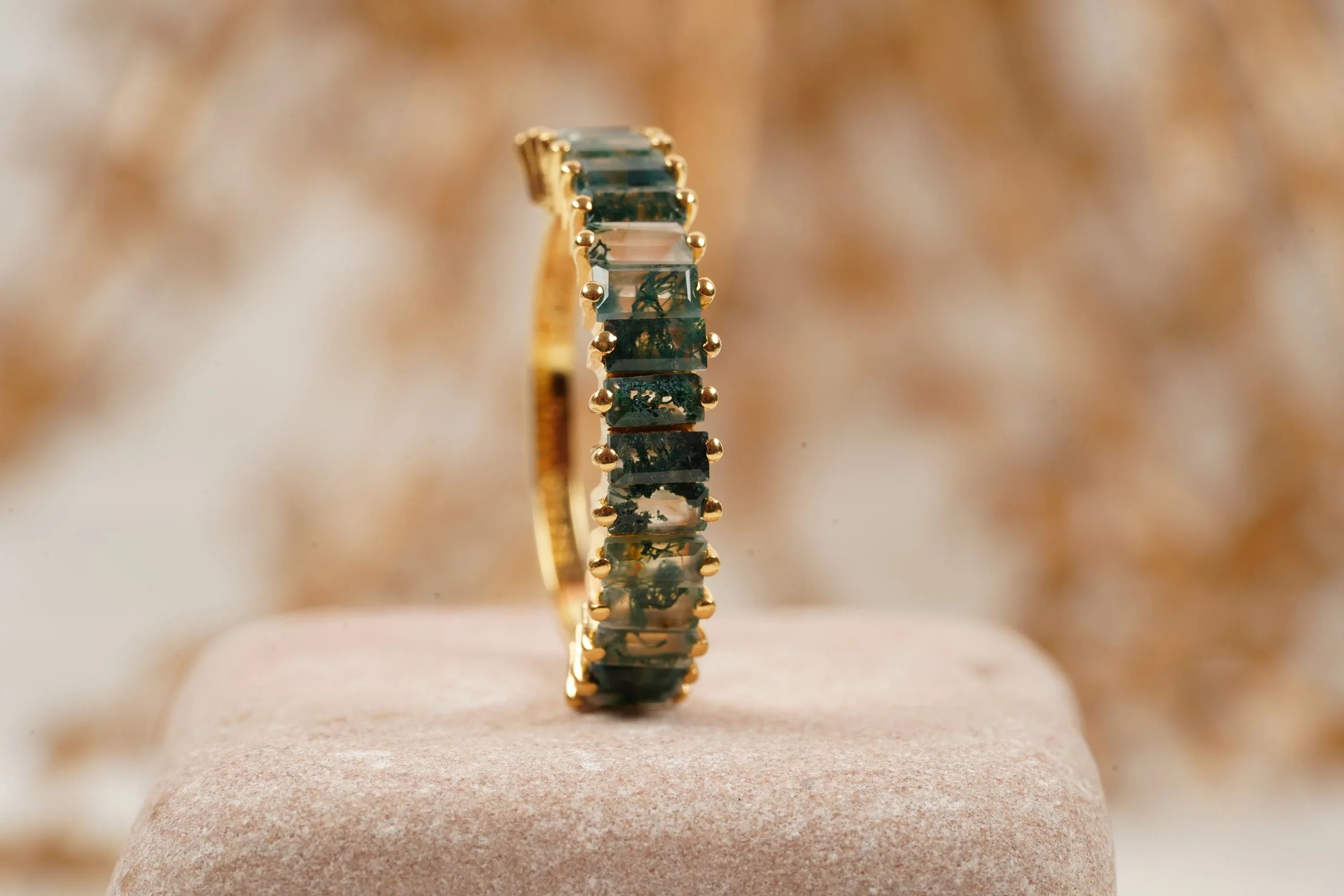 Baguette Cut Moss Agate Stone Wedding Band - Gigiscc