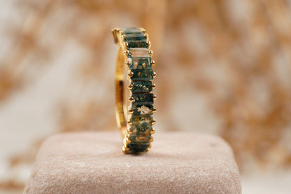Baguette Cut Moss Agate Stone Wedding Band