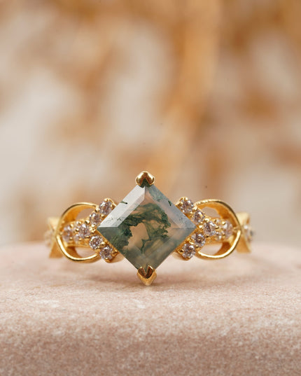 Princess cut Moss Agate engagement ring