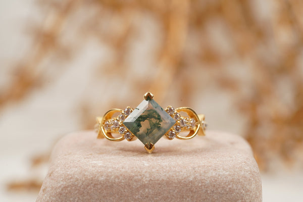Princess Cut Moss Agate Engagement Ring | Boho Bridal Gem
