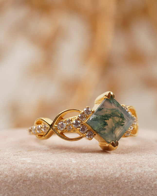 Princess cut Moss Agate engagement ring