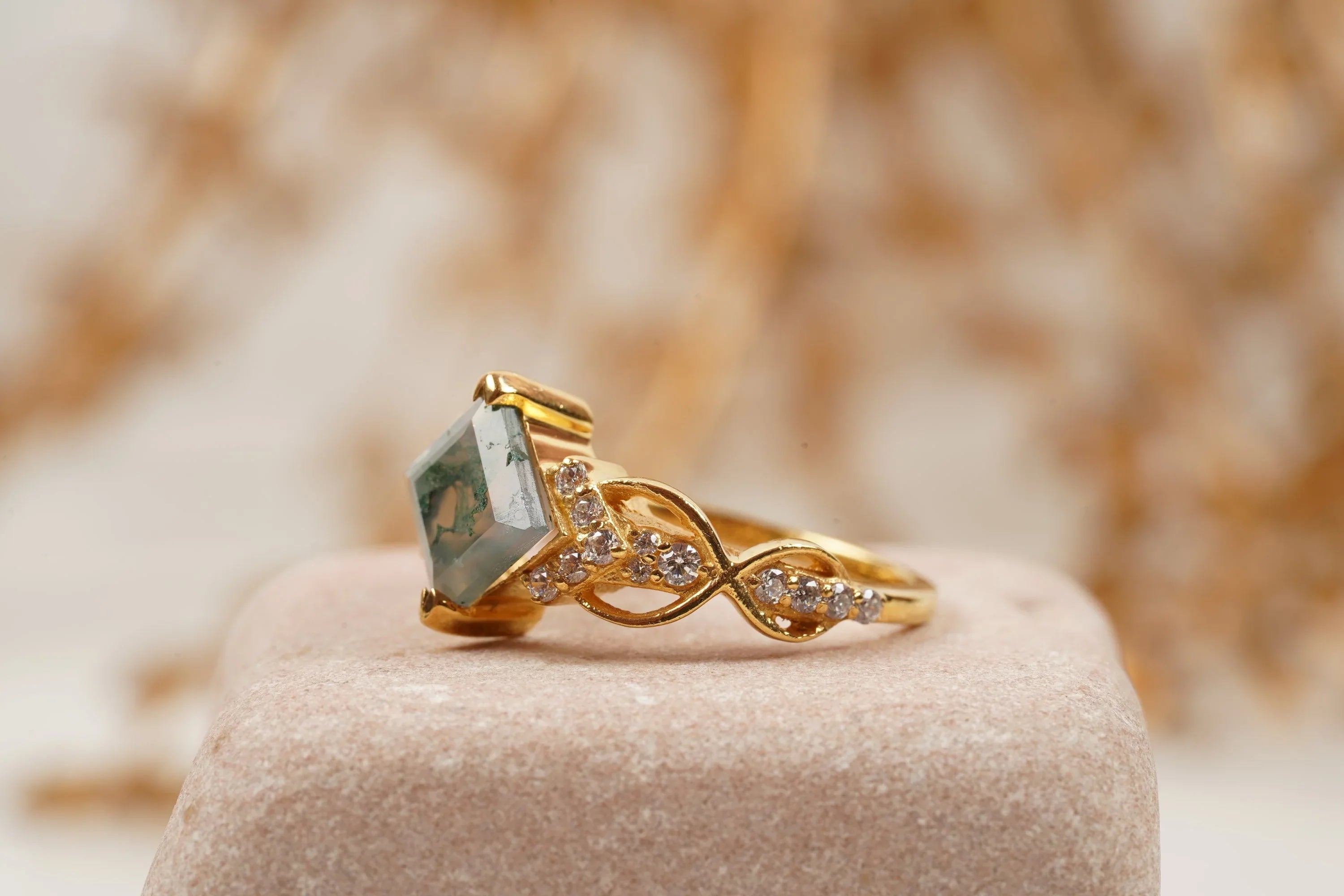 Princess cut Moss Agate engagement ring - Gigiscc