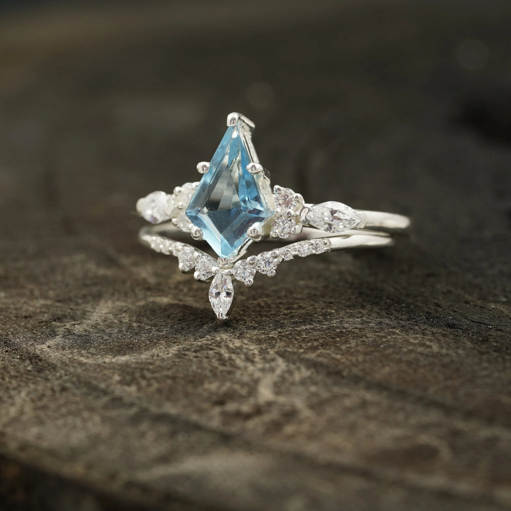 Kite Aquamarine White Gold Engagement Ring Set - Gigiscc