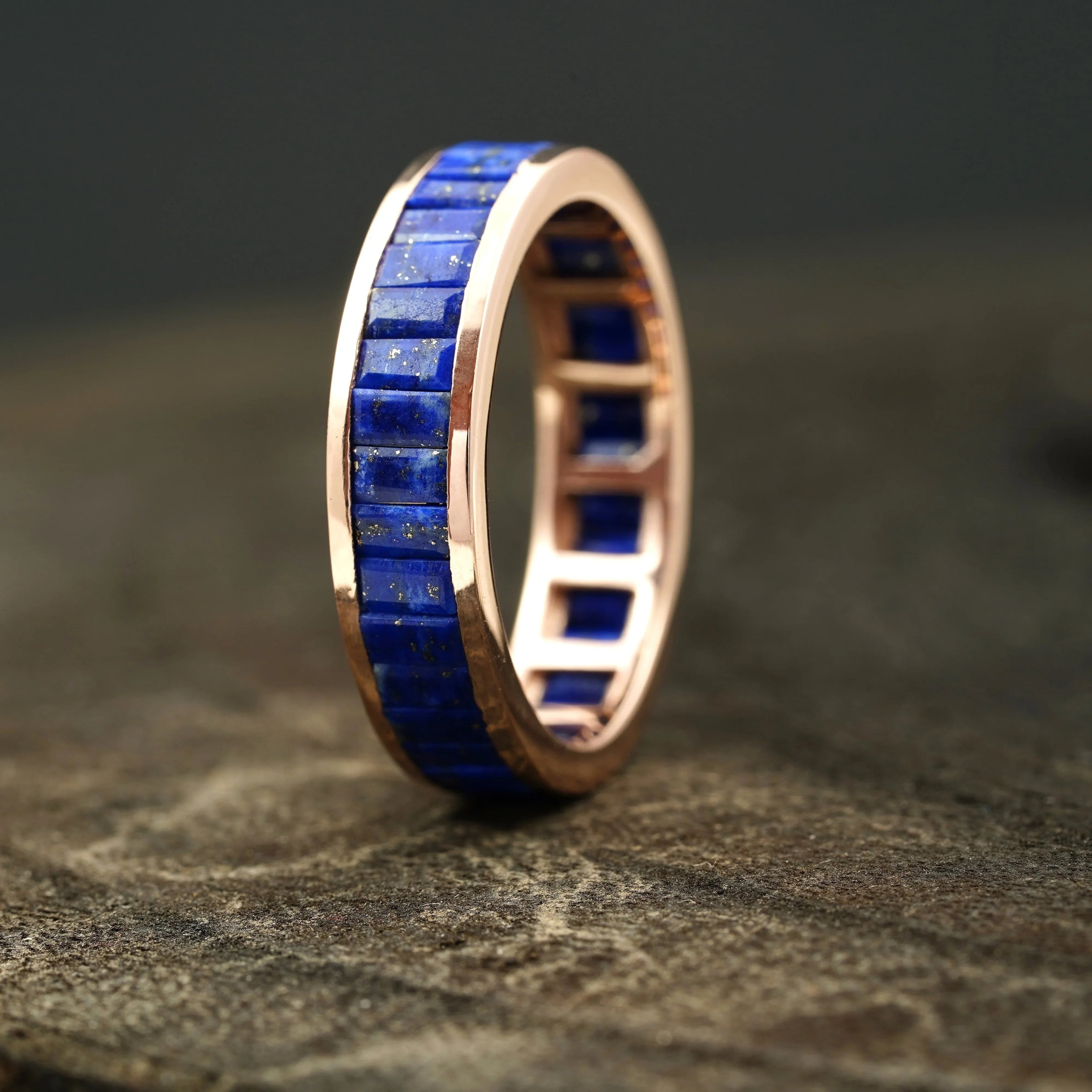 Baguette Cut Lapis lazuli Gemstone Channel Set Wedding Band - Gigiscc