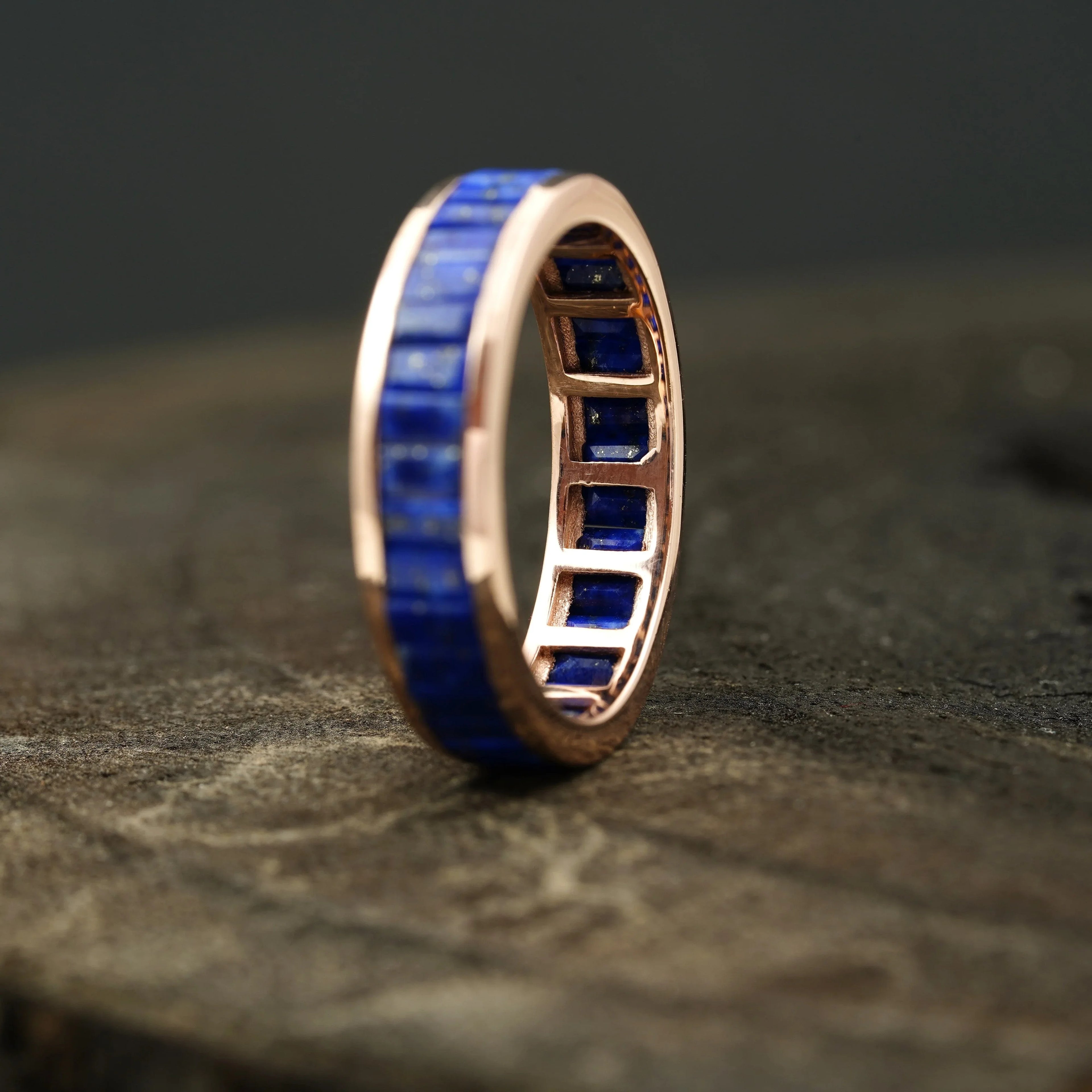 Baguette Cut Lapis lazuli Gemstone Channel Set Wedding Band - Gigiscc