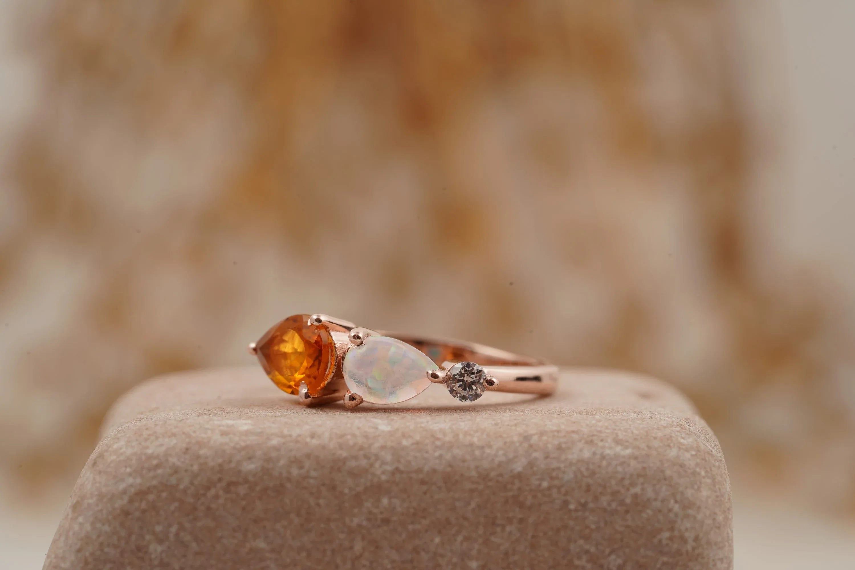 Pear Citrine Gemstone Three Stone Opal Cluster Wedding Ring - Gigiscc