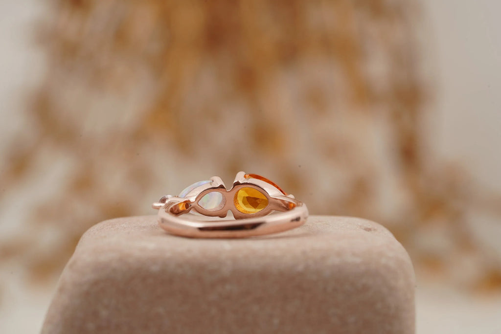 Pear Citrine Gemstone Three Stone Opal Cluster Wedding Ring - Gigiscc