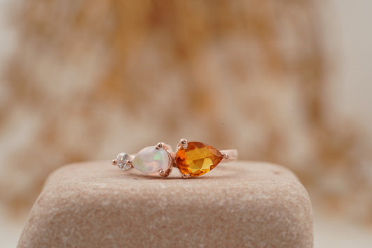 Pear Citrine & Opal Three-Stone Gemstone Wedding Ring