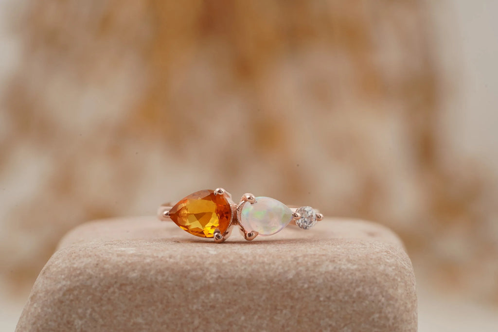 Pear Citrine Gemstone Three Stone Opal Cluster Wedding Ring - Gigiscc