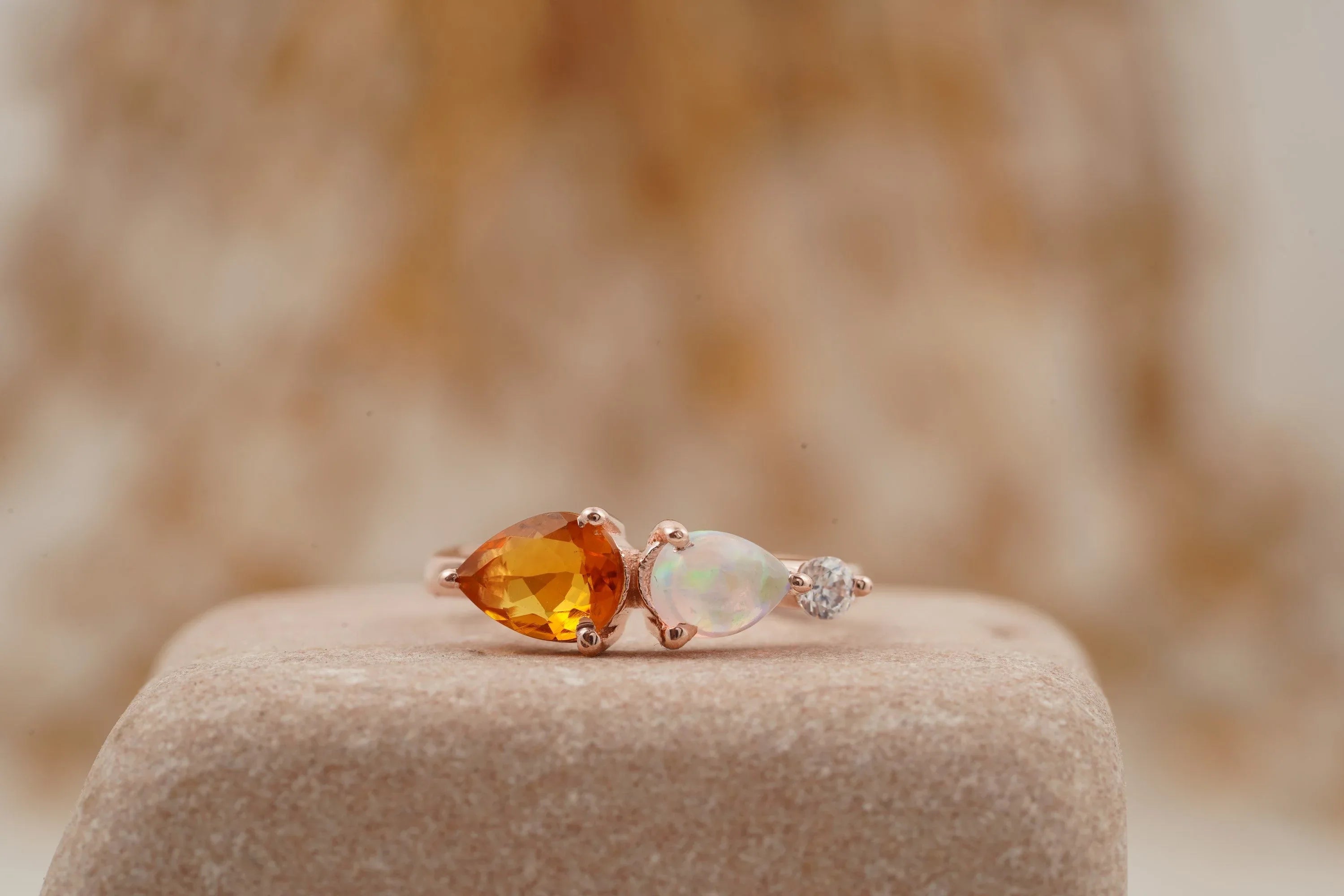 Pear Citrine Gemstone Three Stone Opal Cluster Wedding Ring - Gigiscc