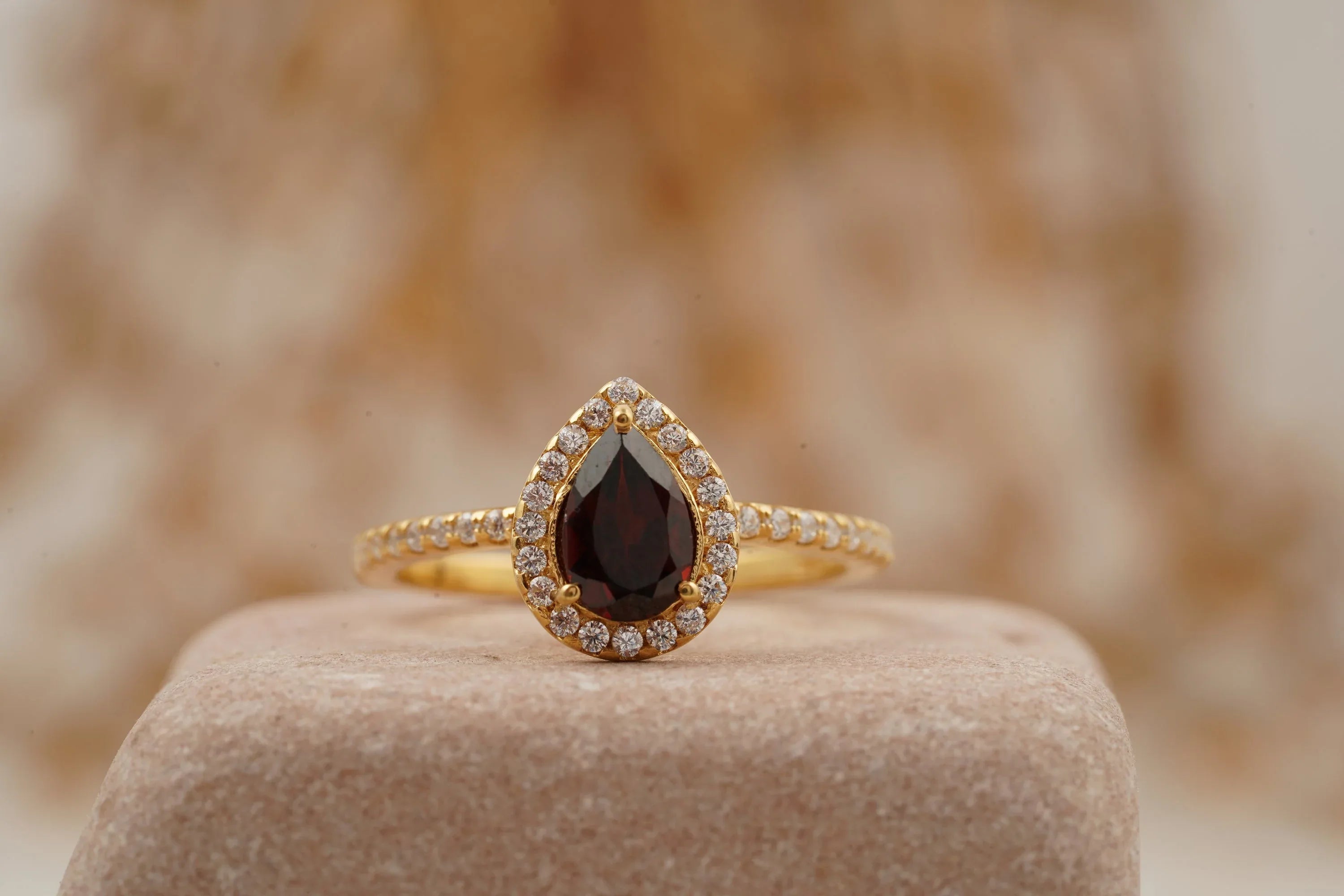 Pear Cut Red Garnet Halo Diamond Engagement Ring - Gigiscc