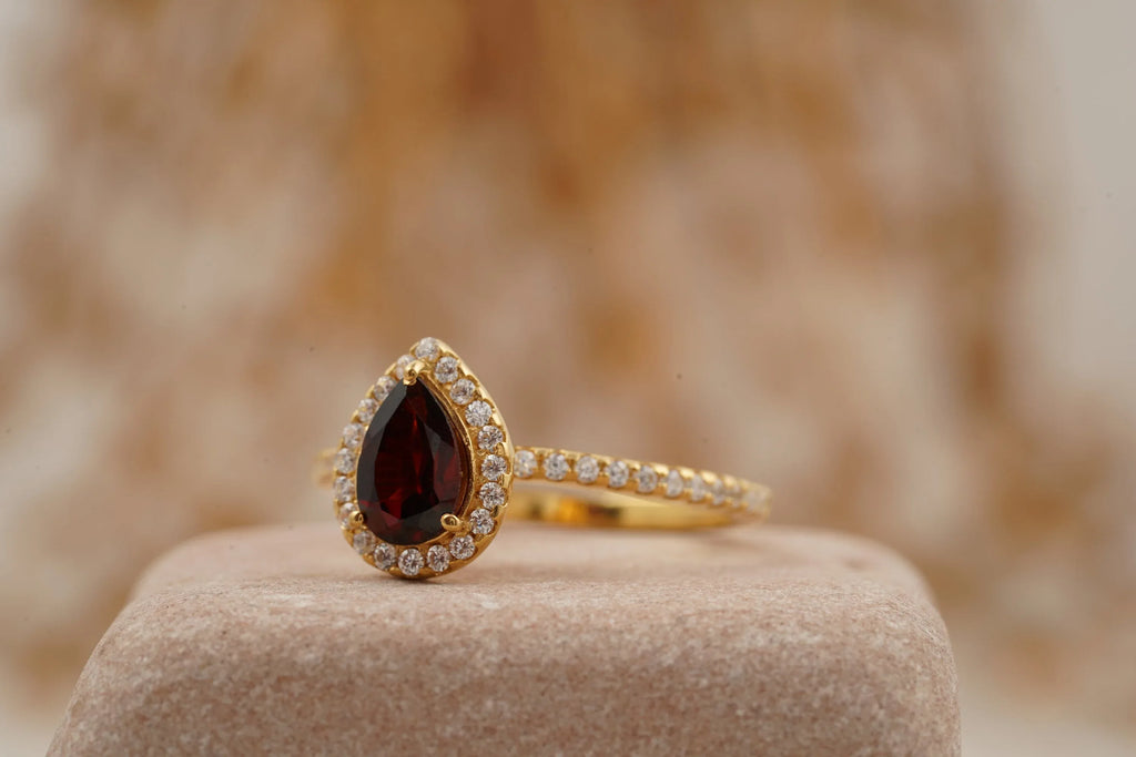 Pear Cut Red Garnet Halo Diamond Engagement Ring - Gigiscc
