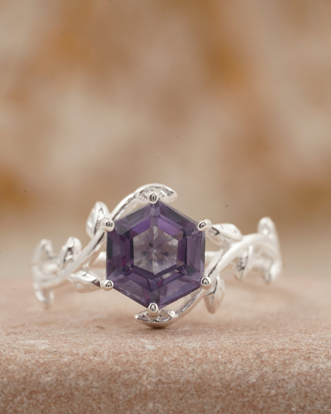 Hexagon Cut Alexandrite Nature Inspired Leaf Engagement Ring